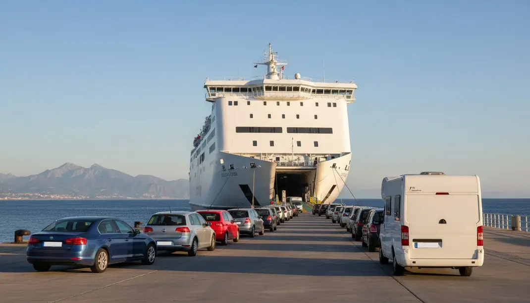 Fila de carros e de uma autocaravana à espera de entrar num ferry num porto do sul de Espanha, com as montanhas do Norte de África no horizonte