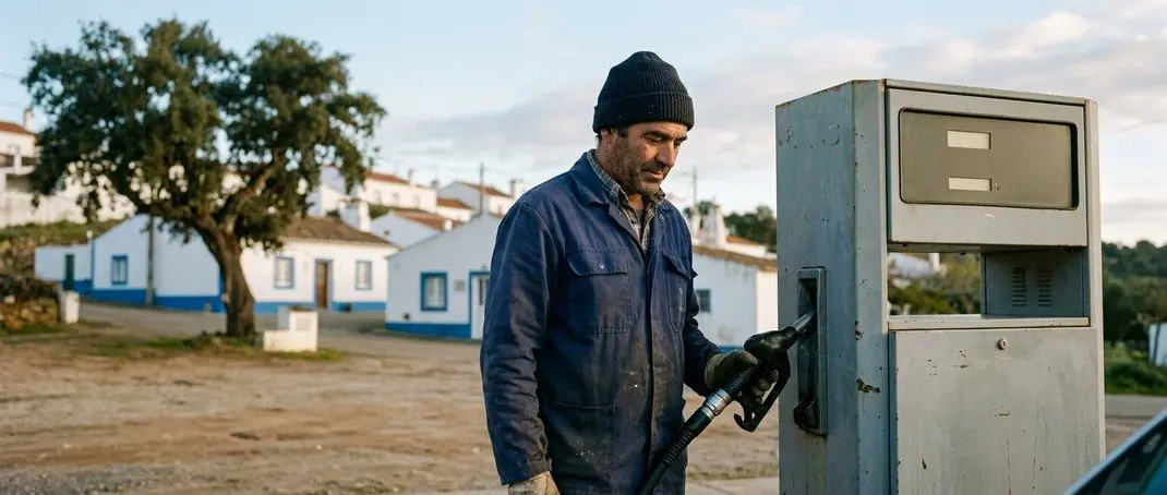 Man holding a fuel nozzle next to a fuel pump in an Alentejo village
