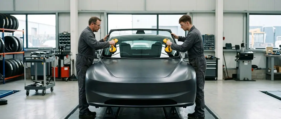 Dois técnicos a colocar um para-brisas novo com ventosas numa oficina de vidro automóvel