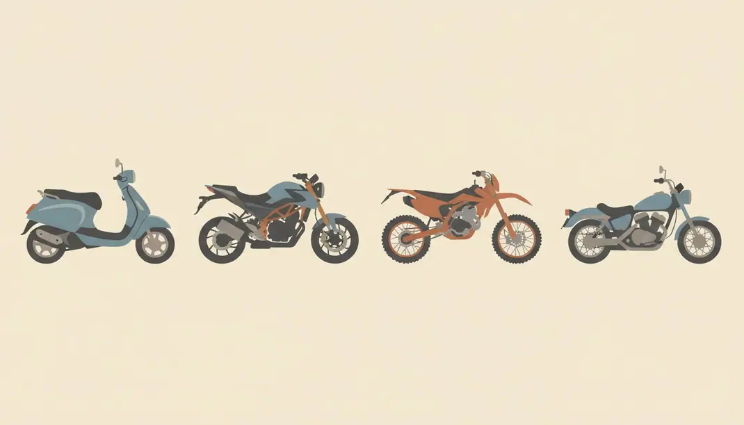 Ilustração de quatro motas de 125 cm³ vistas de lado: uma scooter, uma naked, uma trail e uma custom