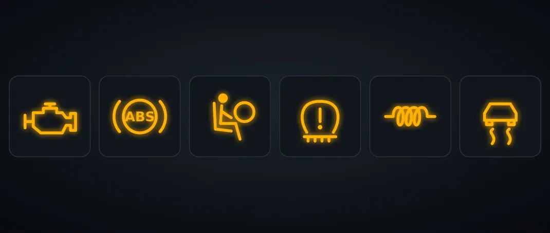 Ilustração de seis luzes amarelas do painel: motor, ABS, airbag, pressão dos pneus, velas de incandescência e controlo de estabilidade