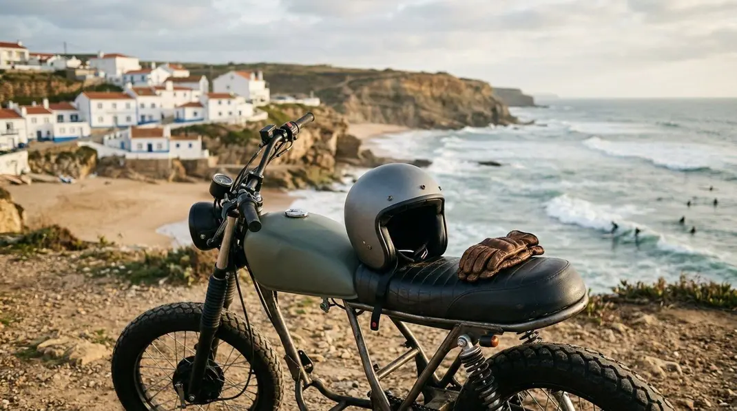 Capacete cinzento e luvas de couro sobre o banco de uma mota, com uma vila de casas brancas e surfistas no mar ao fundo