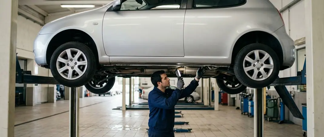 Technician checking the underside of a silver car on a lift at a vehicle inspection centre
