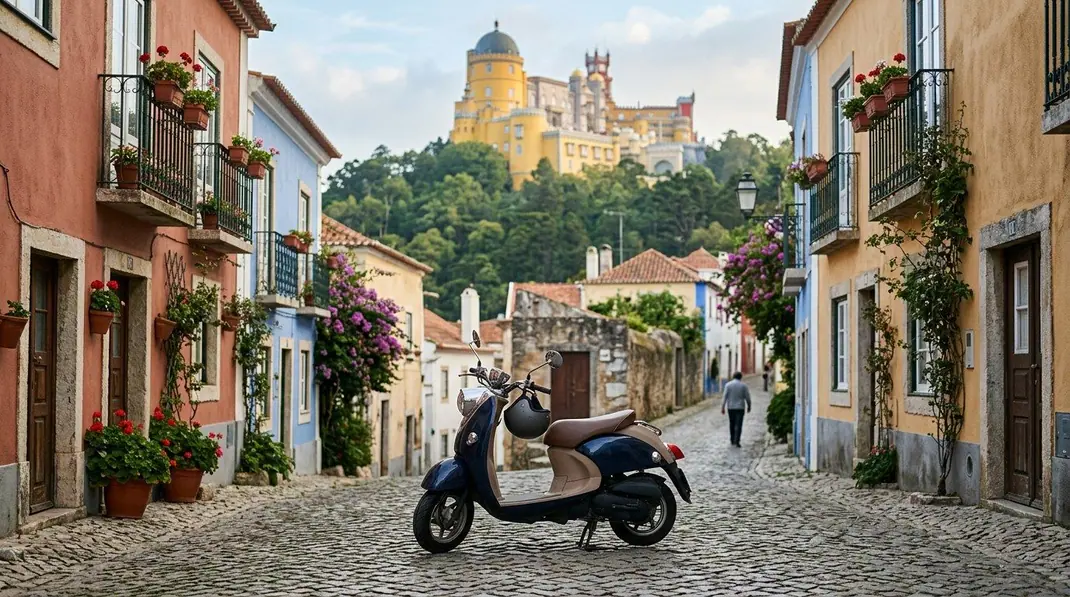 Scooter estacionada numa rua empedrada de uma vila portuguesa com casas coloridas e um palácio no alto da serra ao fundo