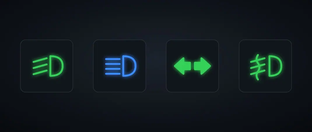 Ilustração de luzes informativas do painel: médios a verde, máximos a azul, piscas a verde e faróis de nevoeiro a verde