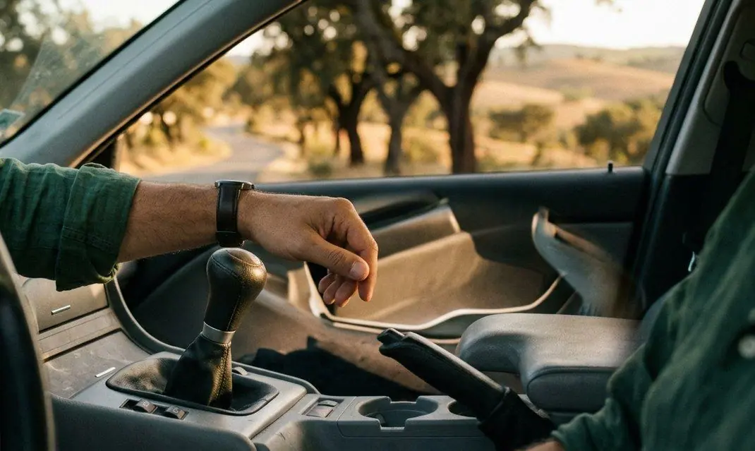 Driver's hand next to the lever of a six-speed manual gearbox in a 2000s car, on a road in the Alentejo
