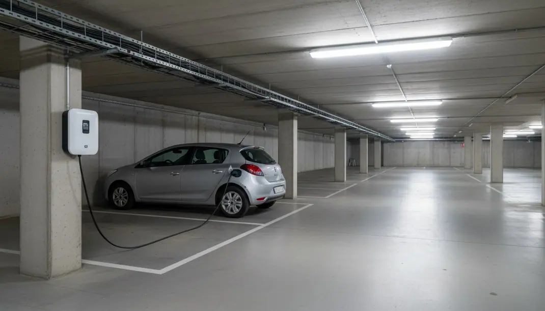 Garagem subterrânea de um prédio com uma wallbox na parede e um carro cinzento a carregar