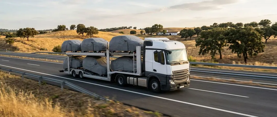 Car transporter carrying covered cars on a Portuguese motorway through cork oak country