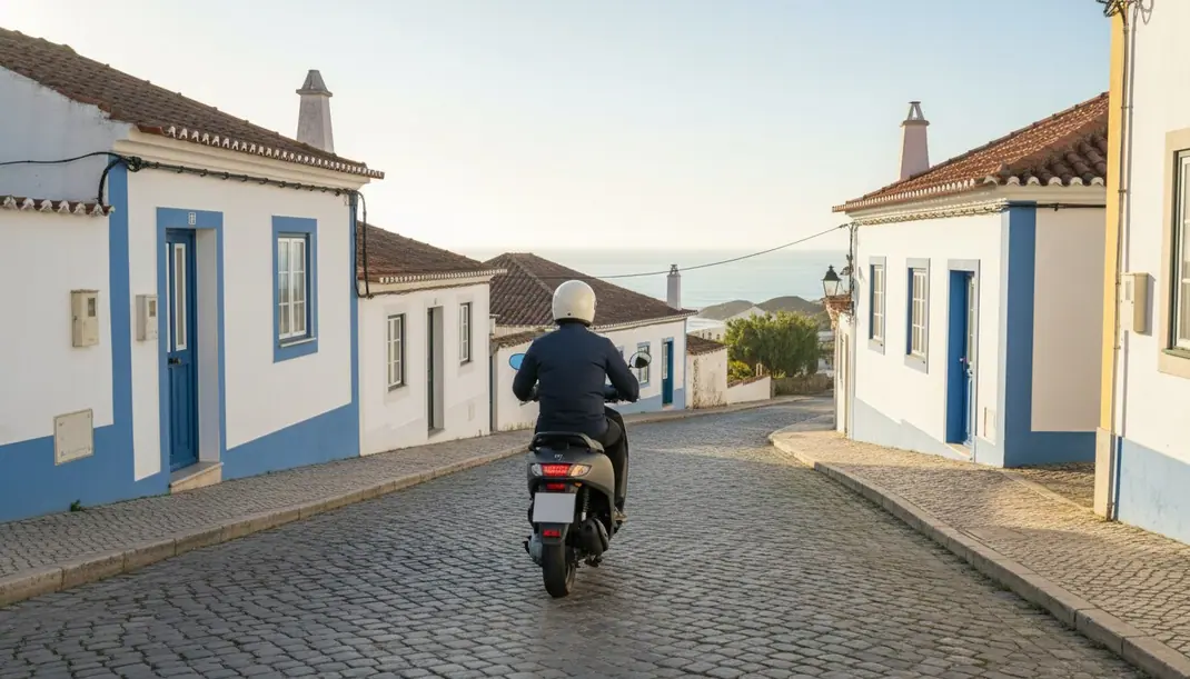 Condutor de capacete numa scooter elétrica numa rua de uma vila portuguesa com casas caiadas