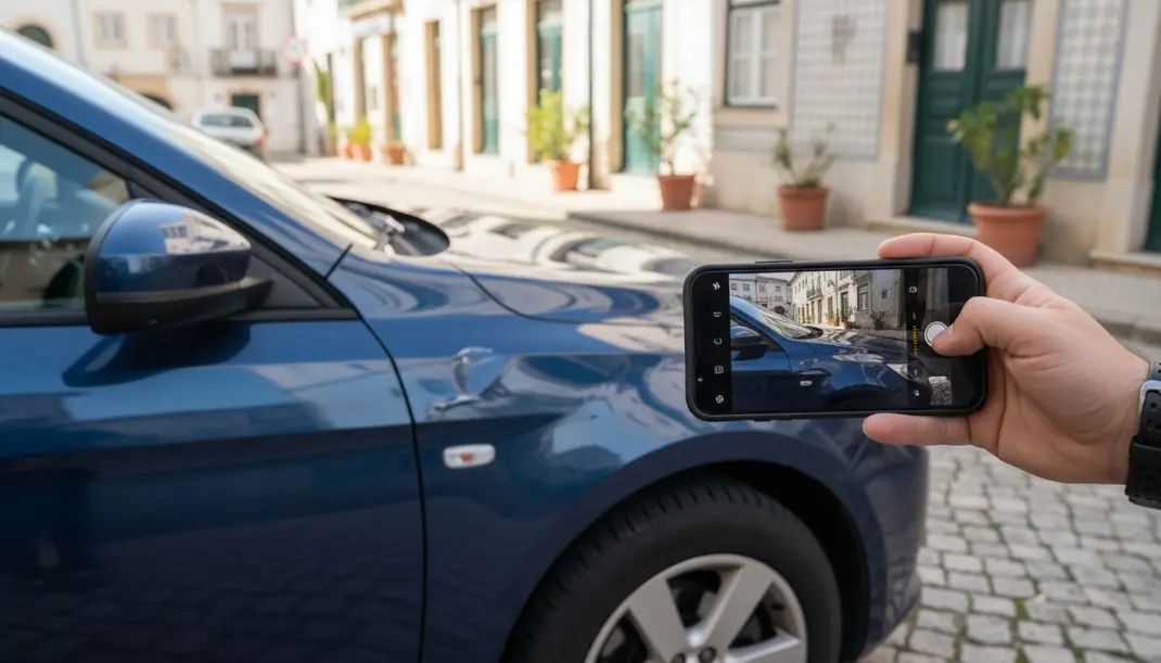 Condutor a fotografar com o telemóvel um pequeno risco e uma mossa na lateral de um carro azul estacionado numa rua portuguesa