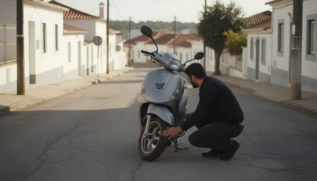 Comprador agachado ao lado de uma scooter cinzenta de 125 cm³ numa rua portuguesa, a verificar o pneu da frente