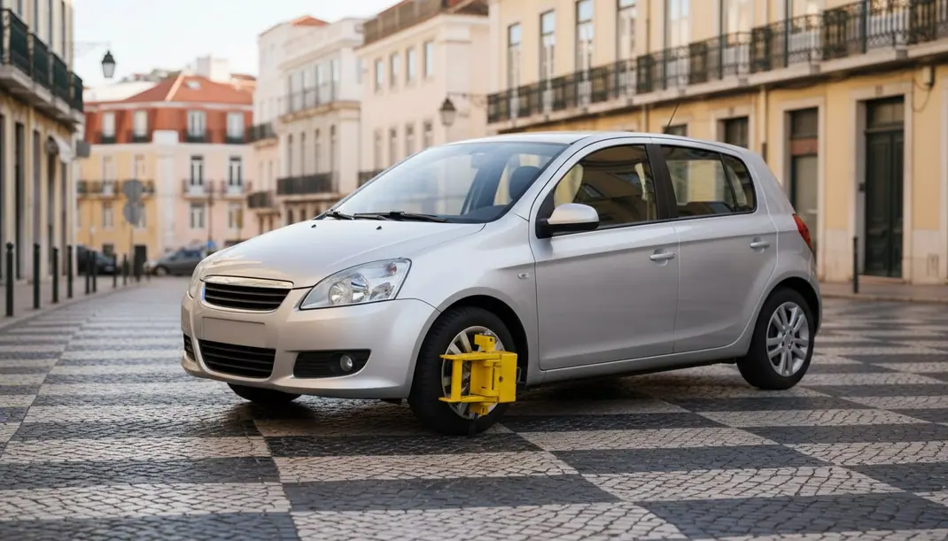 Carro cinzento estacionado numa rua de calçada portuguesa com um bloqueador amarelo na roda da frente