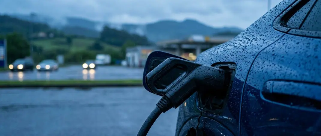 Ficha de carregamento rápido ligada a um carro elétrico à chuva, numa área de serviço de autoestrada