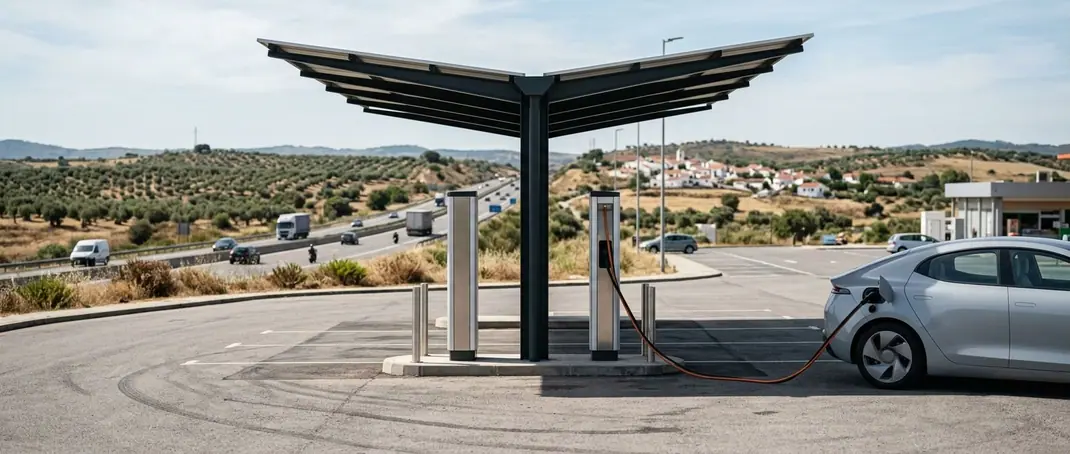 Electric car charging at a rapid charger in a motorway service area in Portugal