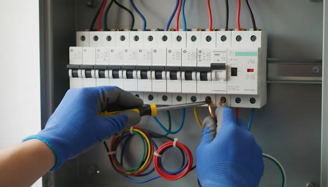 Eletricista de luvas a apertar um disjuntor dedicado num quadro elétrico doméstico