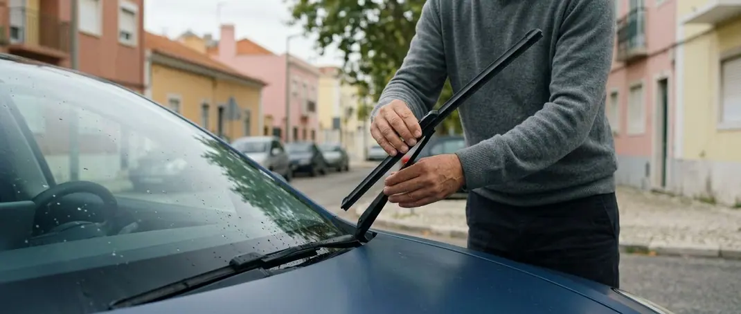 Condutor a montar uma escova nova no braço do limpa-para-brisas numa rua de Lisboa