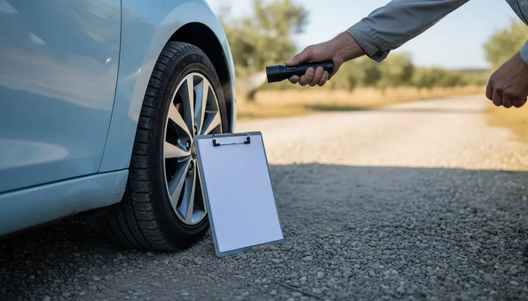 Mão com uma lanterna a inspecionar o pneu e a parte de baixo da porta de um pequeno carro elétrico azul-claro