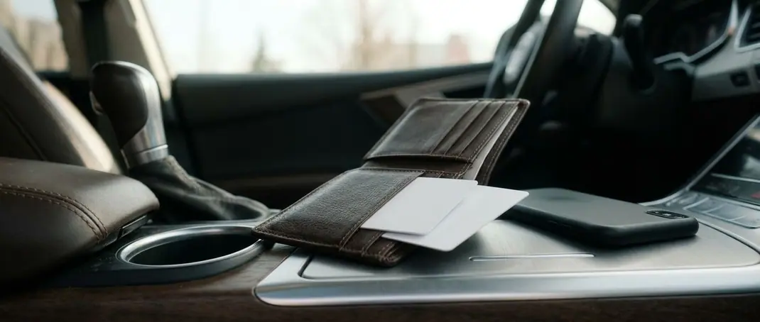 Wallet with two RFID charging cards on a car's centre console