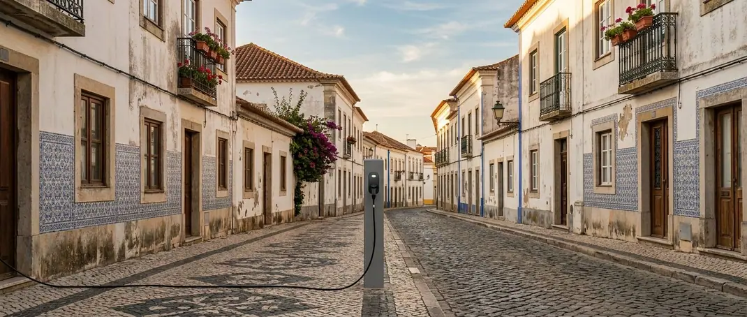 Public charging post on a cobbled street in a Portuguese town with tiled houses