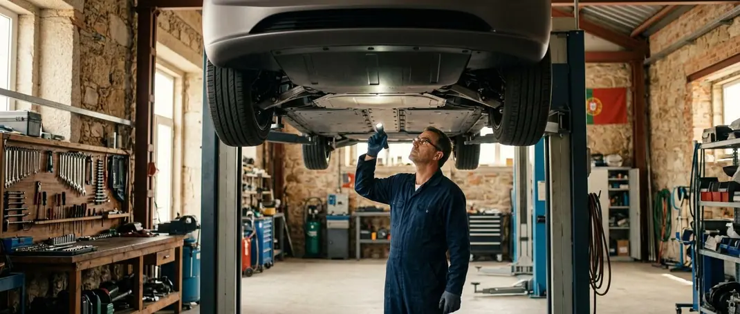 Mechanic inspecting the underside of an electric car raised on a workshop lift with a torch