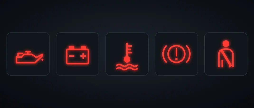 Ilustração de cinco luzes vermelhas do painel: óleo do motor, bateria, temperatura do motor, travões e cinto de segurança