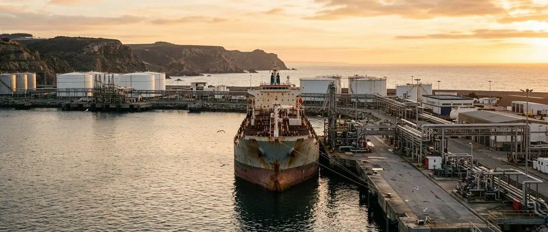 Oil products tanker moored at a fuel terminal on the Atlantic coast at sunset
