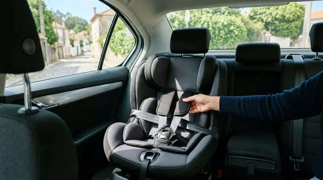 Adulto a ajustar o arnês de uma cadeirinha instalada no banco traseiro lateral de um carro, com uma rua portuguesa ao fundo