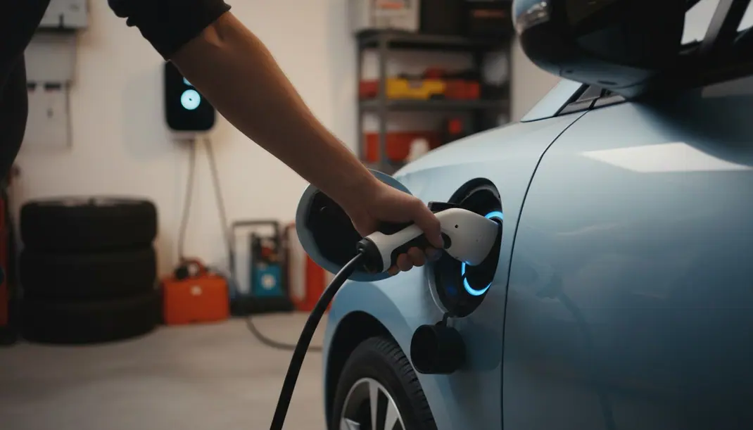 Mão a ligar o conector de carregamento à tomada de um pequeno carro elétrico numa garagem, com uma wallbox ao fundo