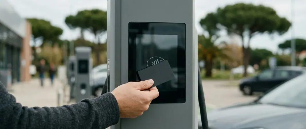 Driver holding a card against the contactless reader of a fast charger