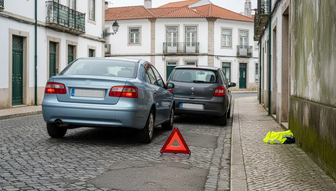 Dois carros parados numa rua empedrada portuguesa depois de um pequeno toque, com o triângulo de sinalização colocado atrás e um colete refletor no passeio