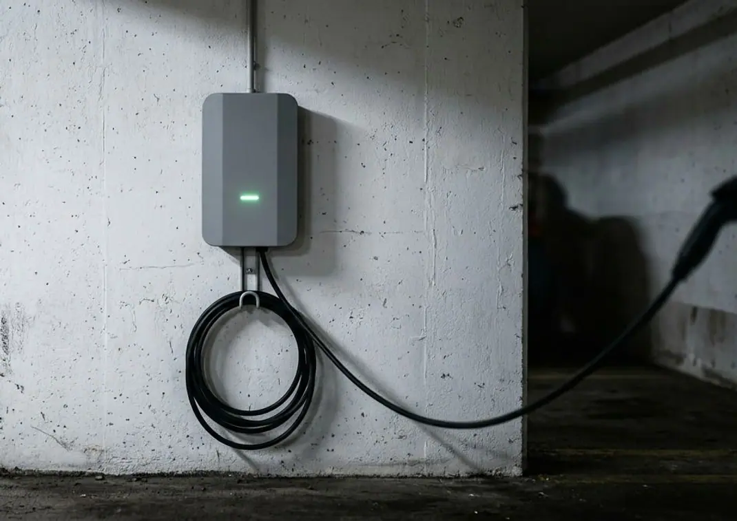 Home charger (wallbox) mounted on the wall of an apartment building garage, with the cable plugged in