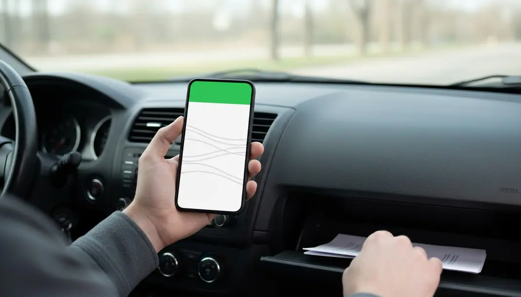 Condutor a mostrar no telemóvel um documento digital enquanto abre o porta-luvas do carro, onde guarda uma cópia em papel