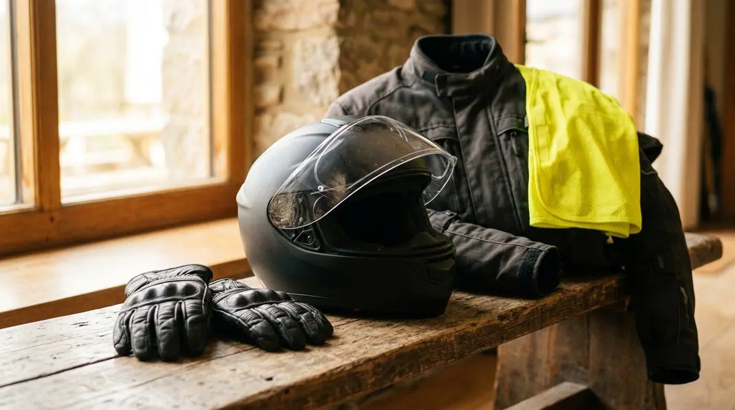 Capacete integral preto, luvas de pele, casaco de mota e colete refletor amarelo pousados num banco de madeira