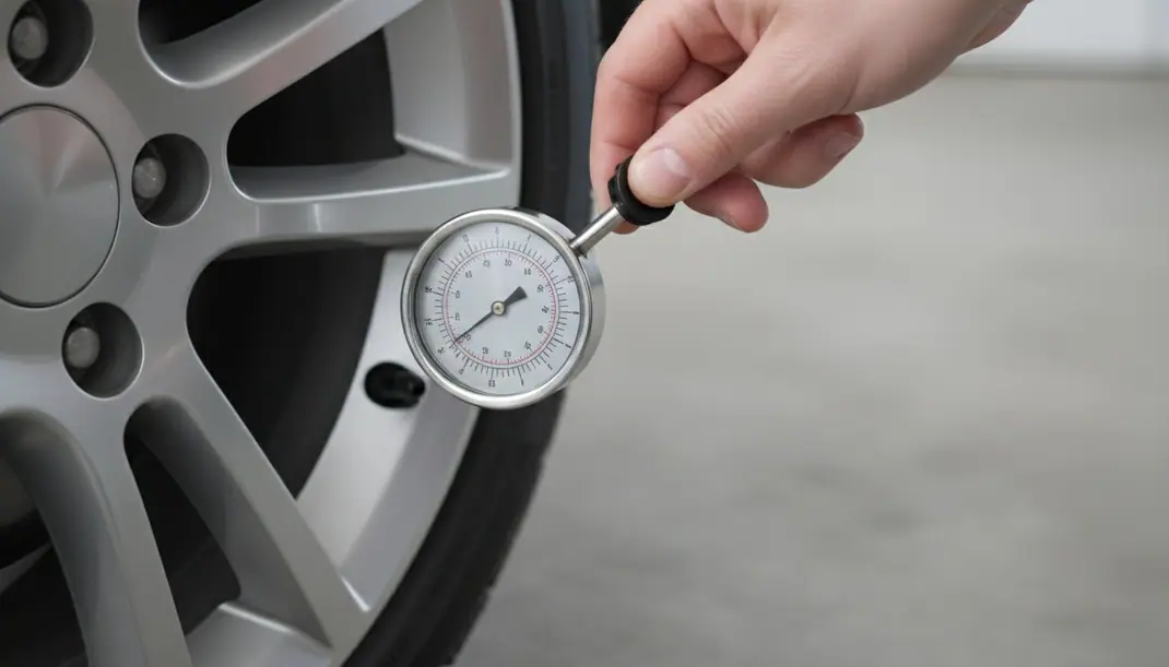 Mão a segurar um manómetro analógico de pressão dos pneus junto à roda de um carro
