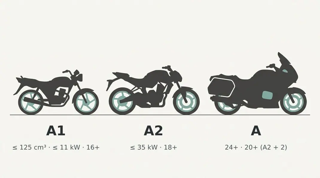 Ilustração de três motas de tamanhos diferentes com as categorias A1, A2 e A, os limites de cilindrada e potência e as idades mínimas