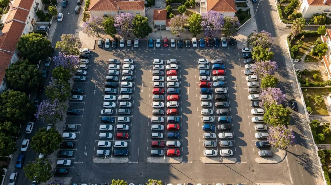 Vista aérea de um parque de estacionamento num bairro português, com filas de carros de várias cores e jacarandás em flor