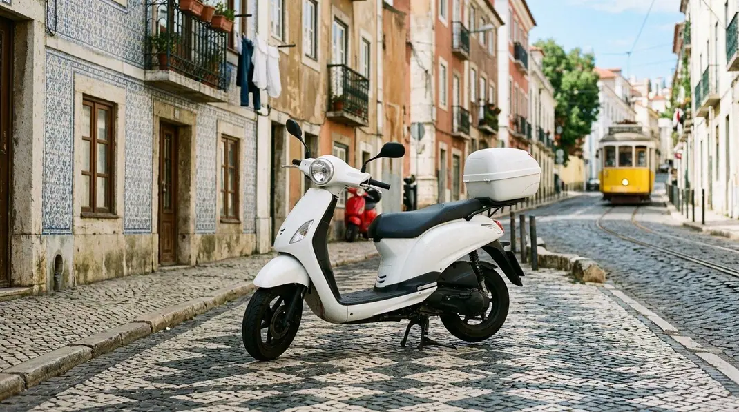 Scooter branca de 125 cm³ estacionada numa rua de calçada portuguesa em Lisboa, com azulejos e um elétrico amarelo ao fundo