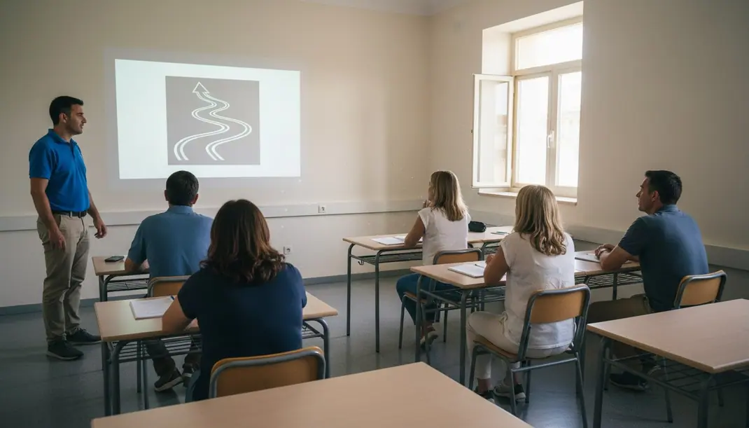 Ação de formação de segurança rodoviária numa sala de aula com condutores adultos e um formador