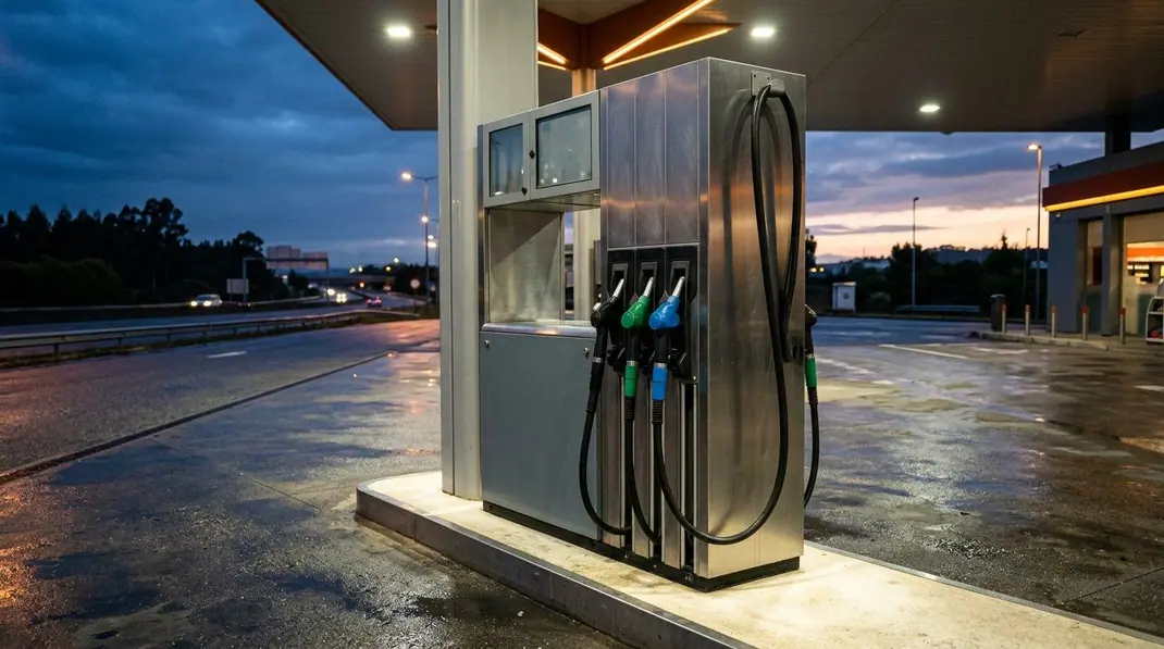 Bomba de combustível numa área de serviço de autoestrada ao anoitecer, com uma pistola de punho azul ao lado das de gasóleo e gasolina